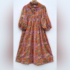 Pink Block Print Long Cotton Dress